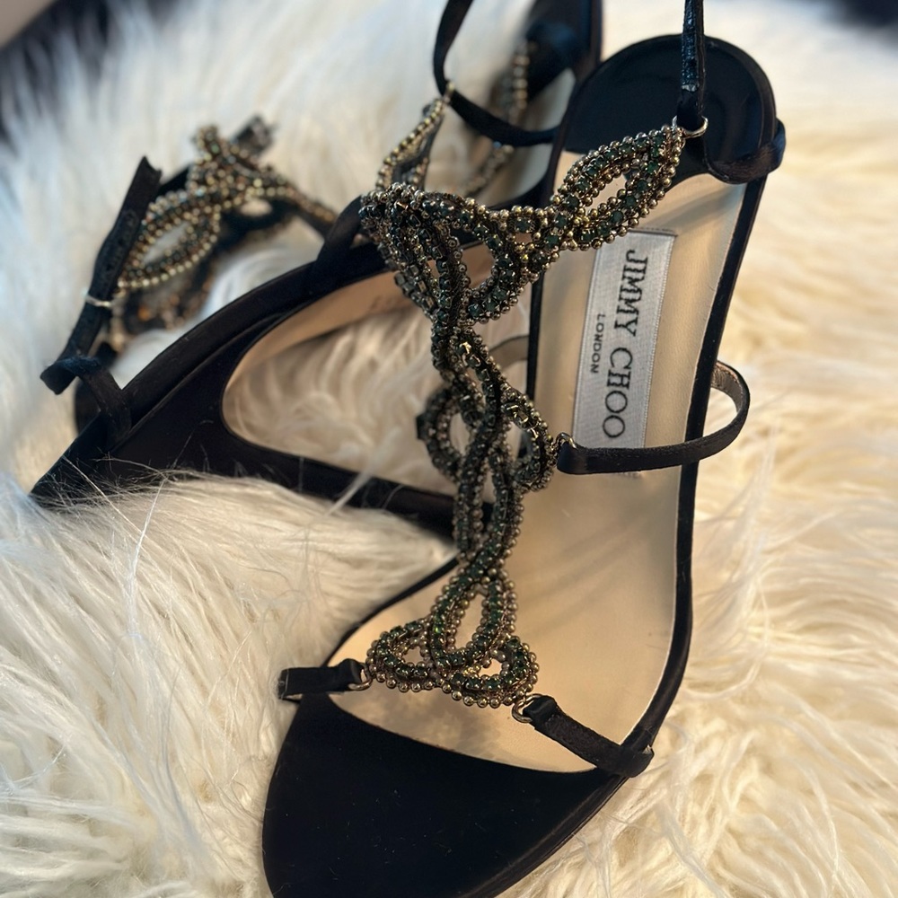 Jimmy Choo black crystal embellished heels in black satin. Size 7